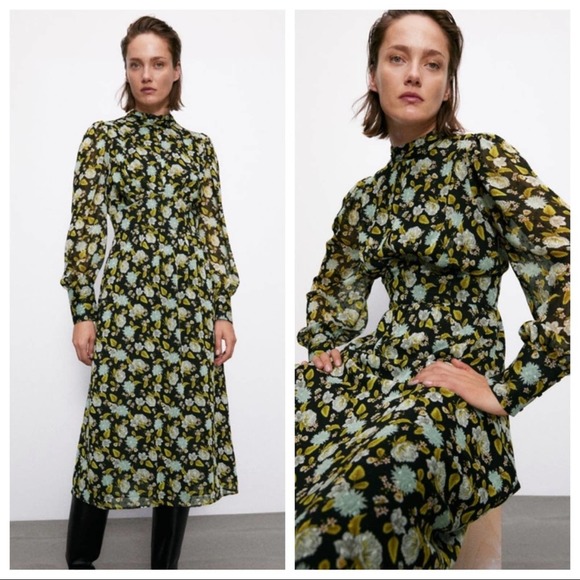 Zara Dresses & Skirts - ZARA Swiss Dot Floral Semi Sheer Midi Dress XS